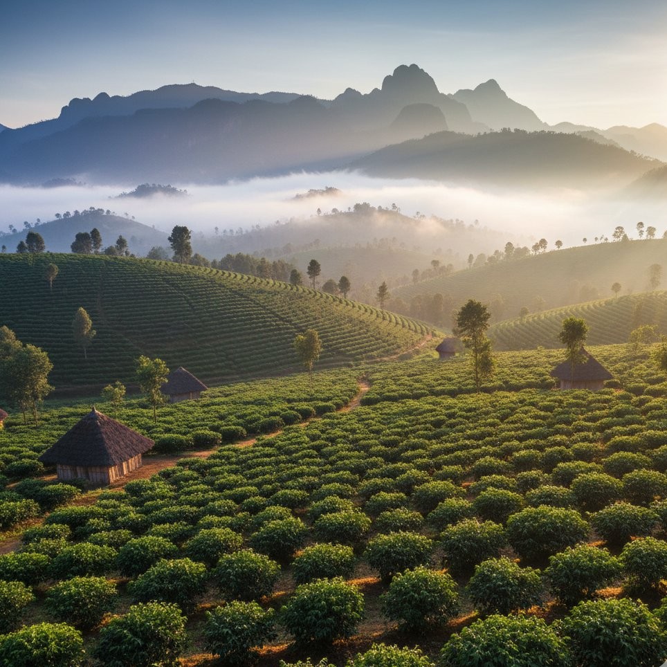 Ethiopian coffee plantation at sunrise with misty mountains